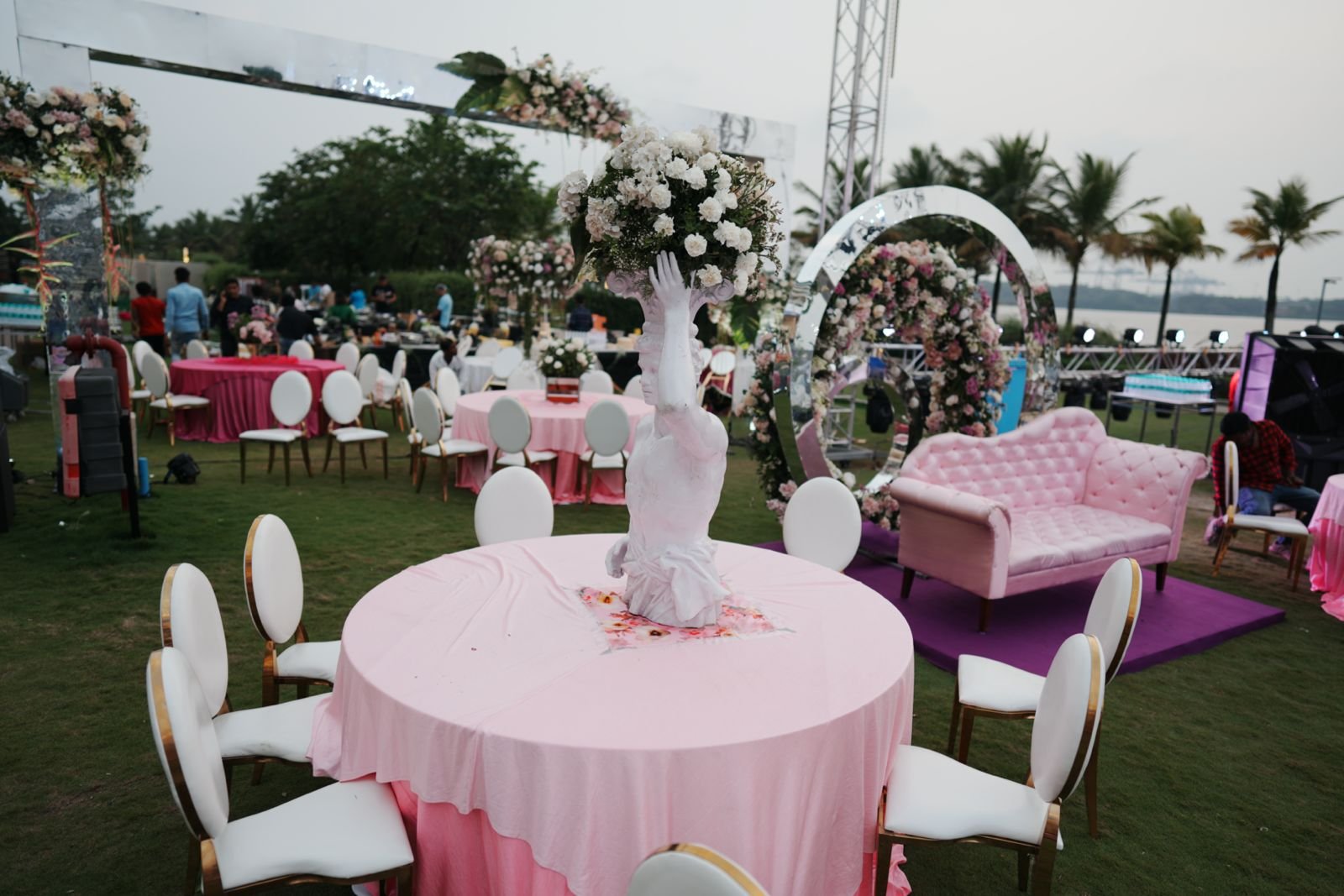 Lakeside destination wedding pavilion at dusk