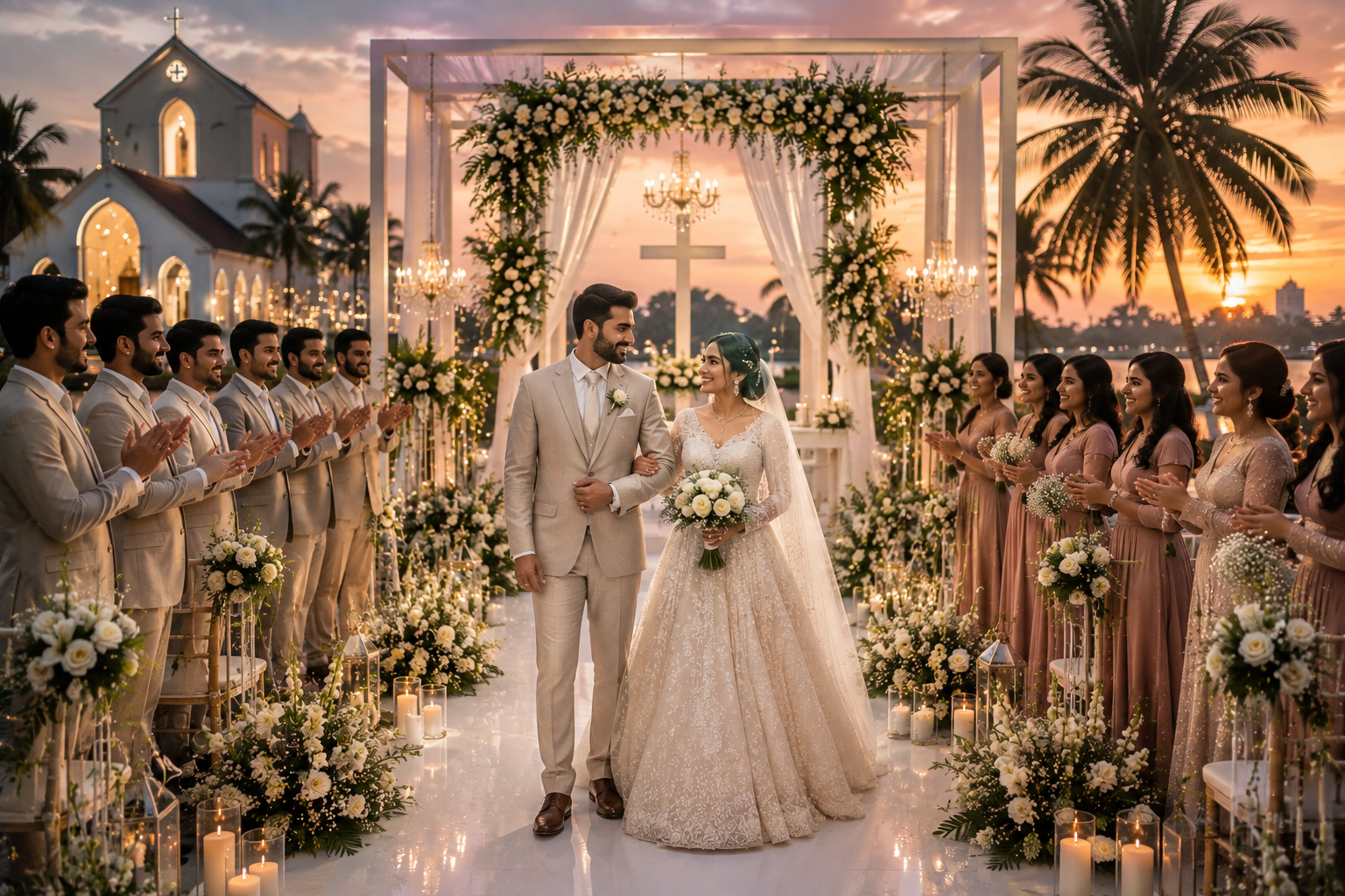Elegant Christian wedding ceremony in Kerala with bride and groom walking through floral aisle