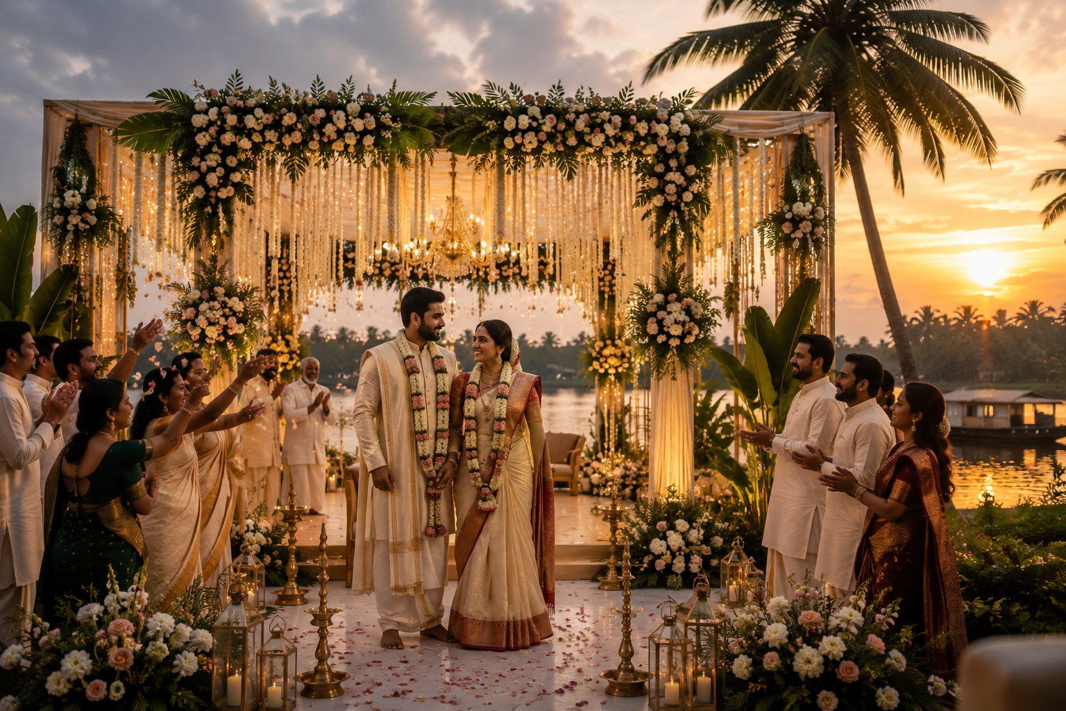 Traditional Kerala Hindu wedding ceremony with bride, groom and floral mandap