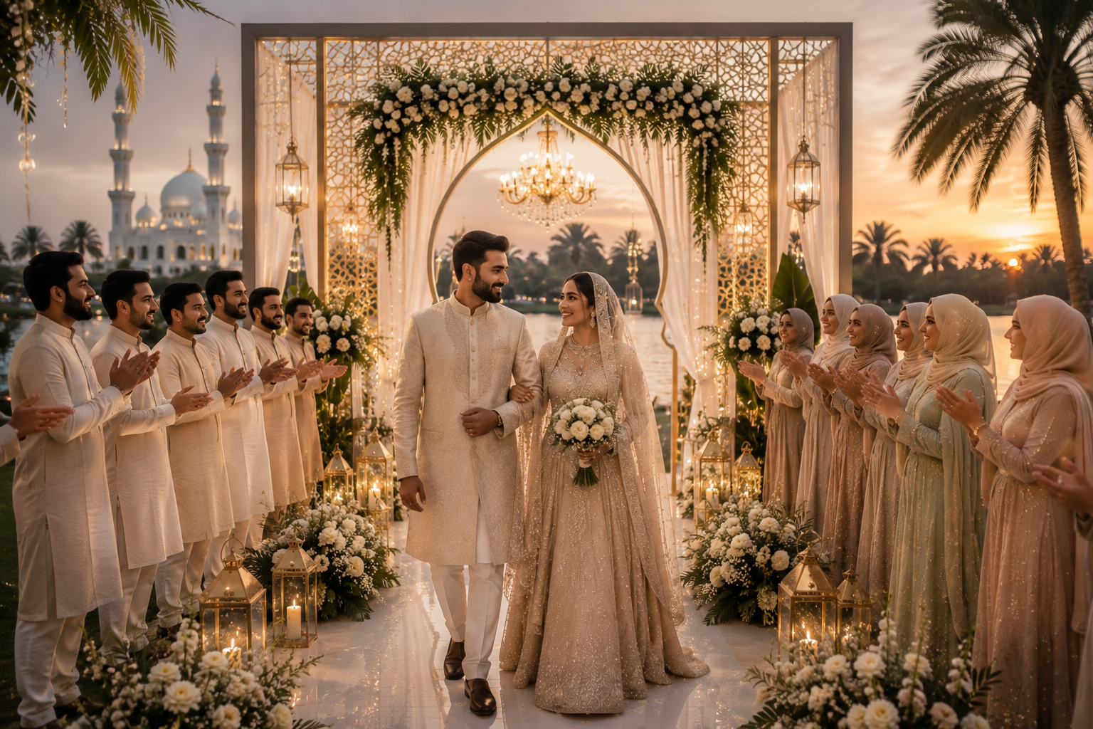 Modern Muslim wedding in Kerala with bride in hijab and groom in elegant cream attire